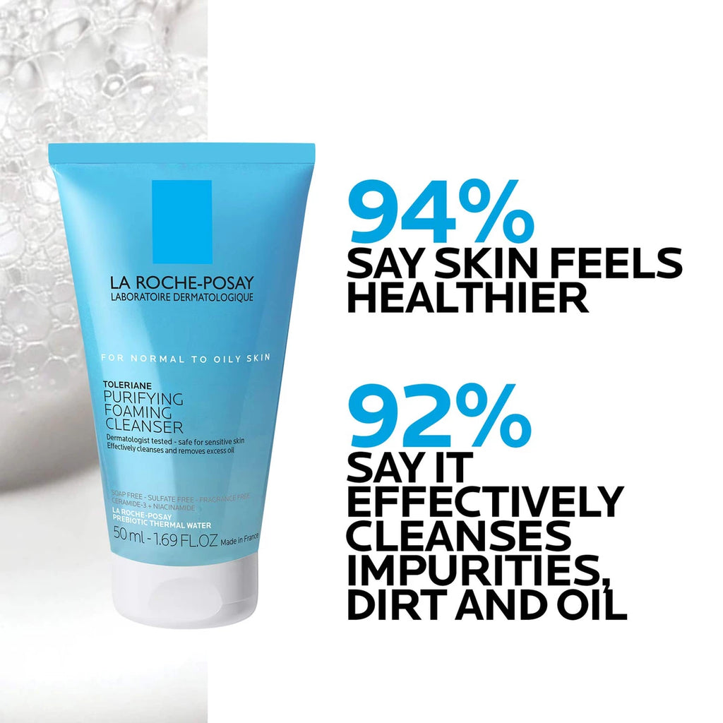 La Roche-Posay Toleriane Purifying Foaming Cleanser, removes makeup without stripping the skin's moisture. 94% of users say skin feels healthier; 92% say it effectively cleanses impurities and oil.